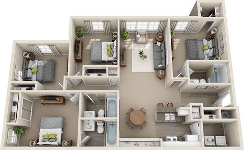 Floor plan for 4 beds, 3 baths, 1479 sqft